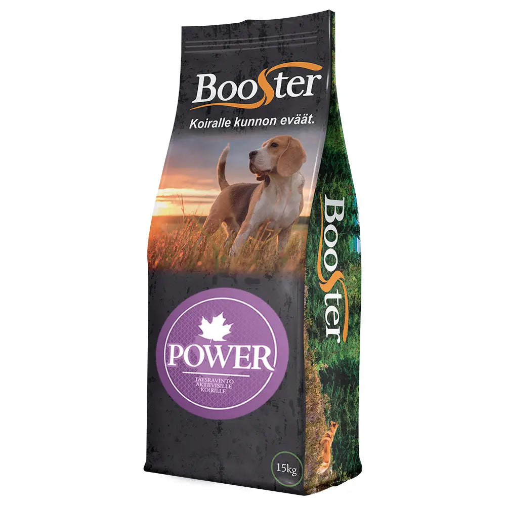 A 15 kg booster power koiranruokasäkki jossa beagle auringonlaskun pelolla tummassa pakkauksessa violetti ja oranssi brändäys