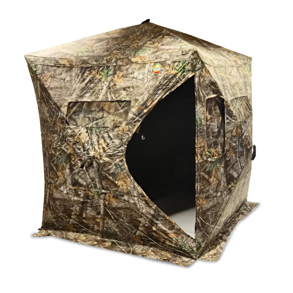 Camouflage-kuvioitu kyttäysteltta 150x150x170 avonaisella sisäänkäynnillä ja neliskulmaisella muodolla