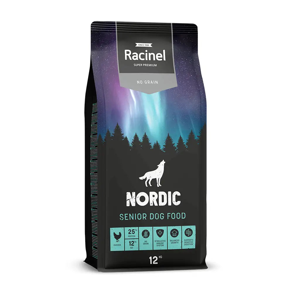 12 kg racinel nordic senior kana koiranruoka mustalla ja violetilla revontuliteemalla valkoharmaalla susisiluetilla