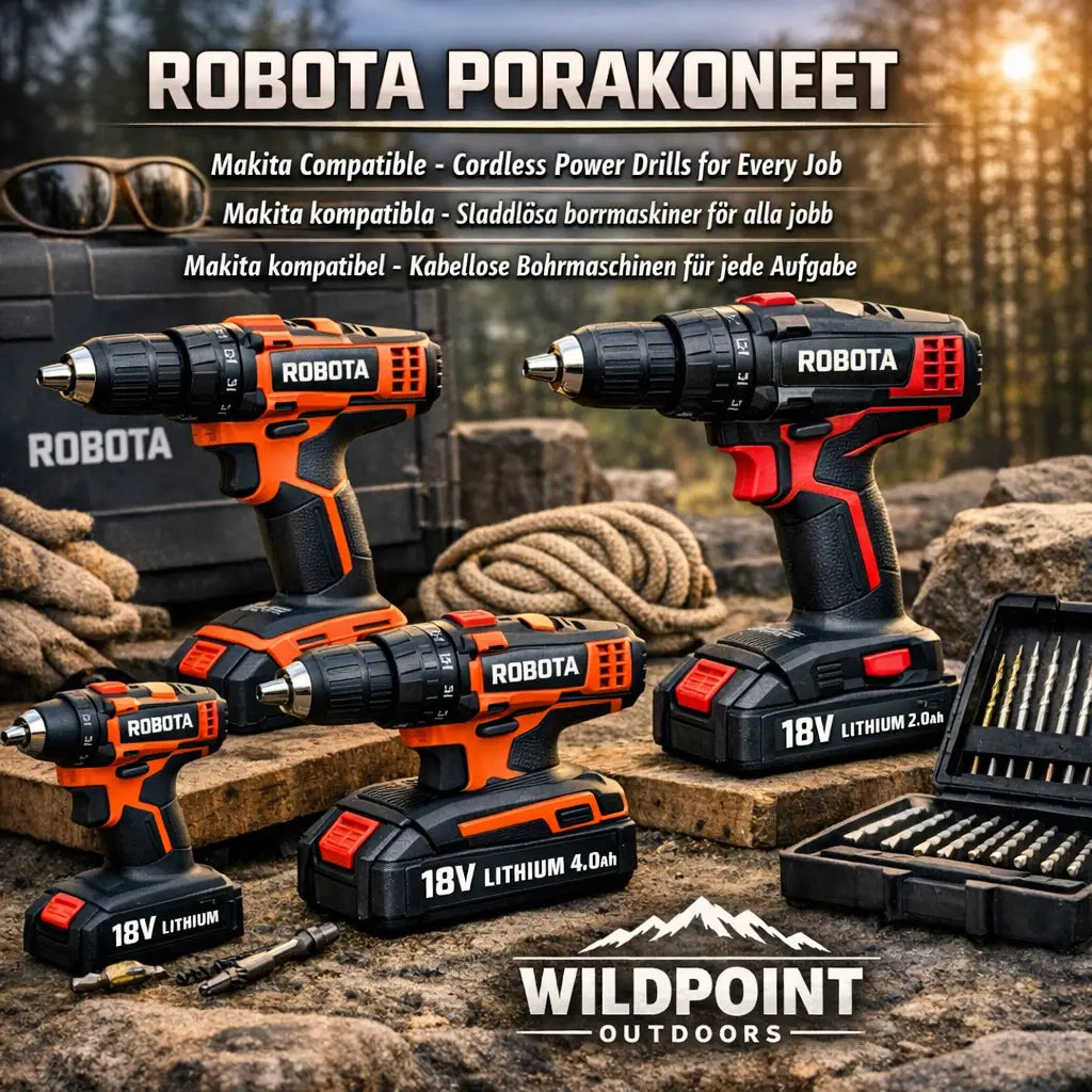 Robota porakoneet jotka toimivat Makita LXT18v akuilla Wildpoint Outdoors vapaa-ajan verkkoakaupasta
