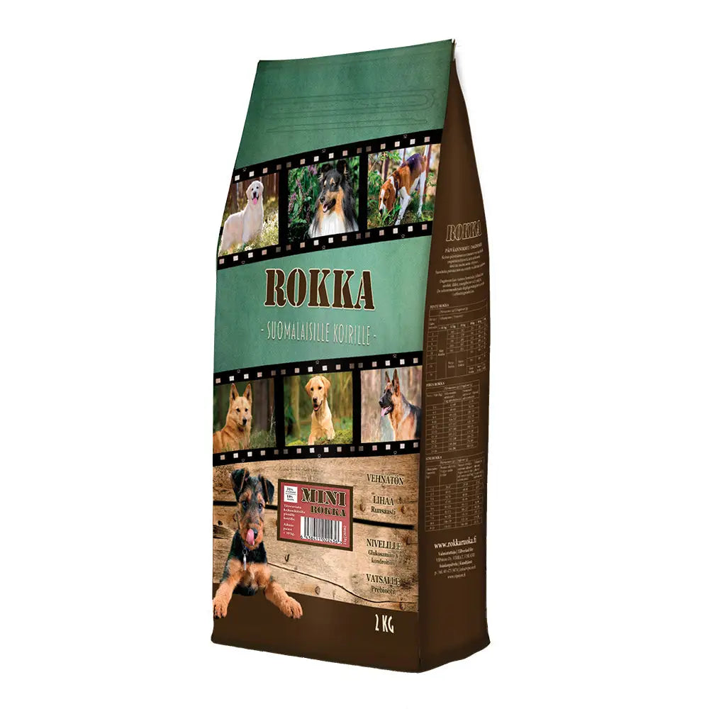 A 2kg bag of bokka brand mini rokka dog food with green and brown packaging featuring dog images