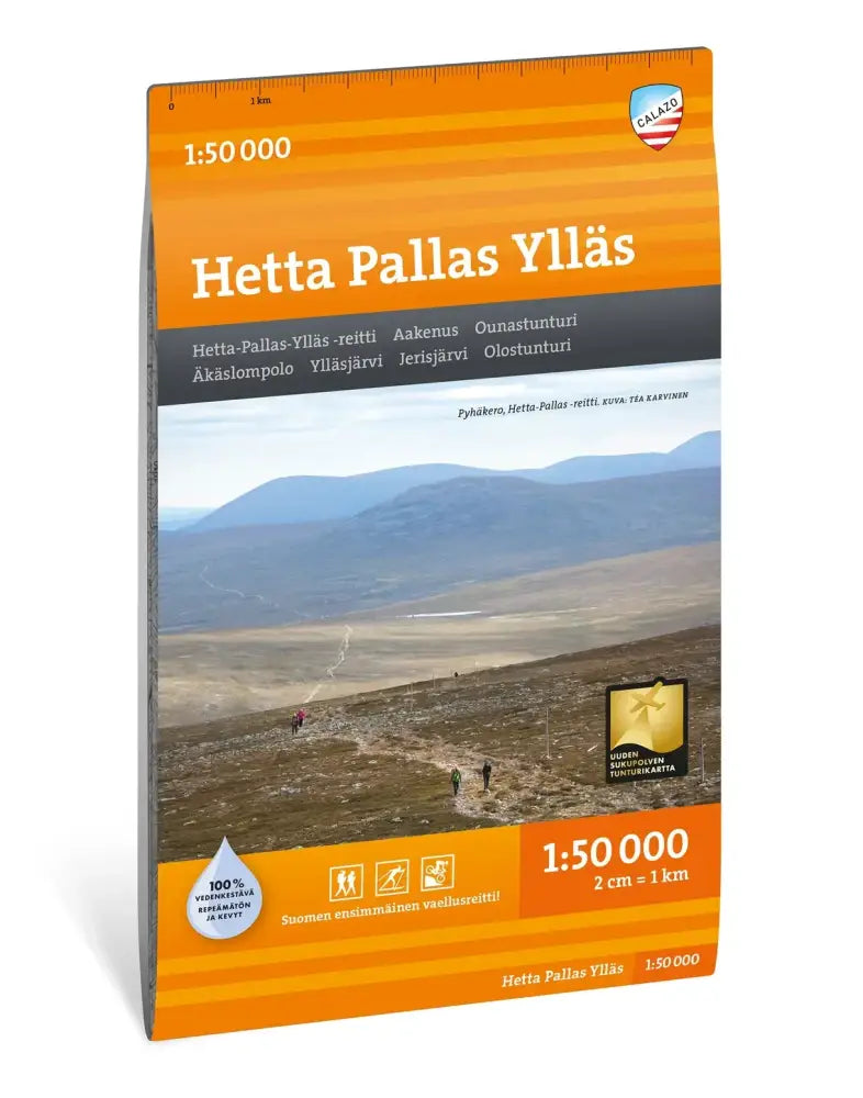 Orange and gray "Hetta Pallas" hiking map at a scale of 1:50,000 from Galaxi, featuring a scenic mountain trail