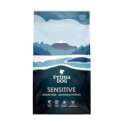 10kg prima dog adult sensitive viljaton lohi ja peruna koiranruoka tummansininen vuoristoaiheinen pakkaus