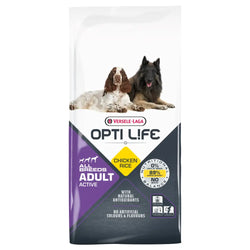 Valkoinen ja violetti versele-laga opti life adult active kana riisi koiranruokapussi 12,5 kg kaikille roduille