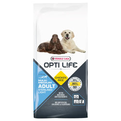 Valkoisen ja laivastonsinisen Versele-Laga Opti Life aikuisten sterilisoidulle ja kevyille koirille kana-riisi makuinen 12,5 kg pussi
