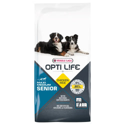 Valkoinen ja sininen verso-laga opti life maxi medium senior kana riisi koiranruokapussi 12,5 kg annoksella