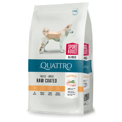 Valkoinen 12 kg quattro dog sport aikuisten rotujen pakkaus jonka energinen koiran geometrinen kuvitus ja oranssit korostukset