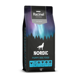 12 kg racinel nordic puppy kana koiranruoka musta ja sininen revontuliteemainen pussi