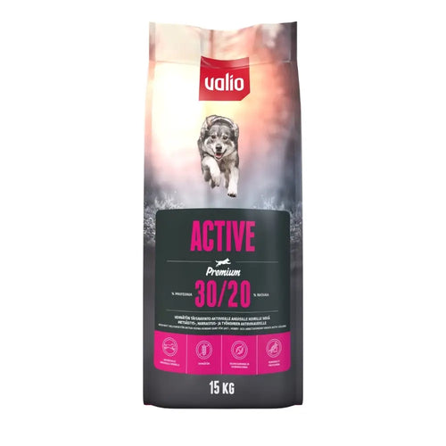 A 15 kg bag of valio active premium dog food with a vibrant pink and black label featuring a running puppy