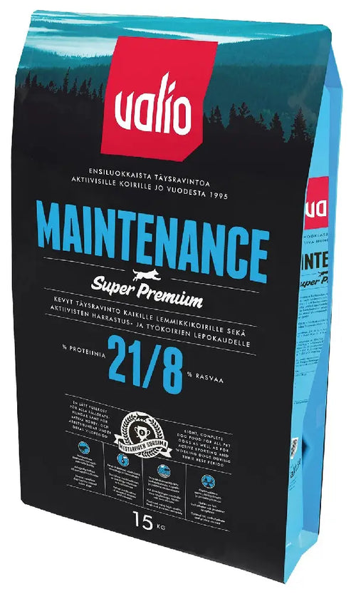 15 kg valio premium maintenance koiranruokasäkki, mustavalkoinen suomalainen lapinkoira ja proteiinipitoisuus teksti