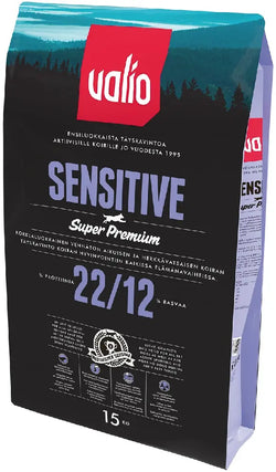 15 kg musta ja petroolinsininen valio sensitive super premium koiranruokapussi 22 12 ravintoarvoilla