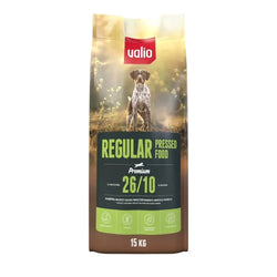 15kg valio premium regular painettu koiranruokapussi ruskean ja vihreän sävyin, jossa pilkullinen koira edessä