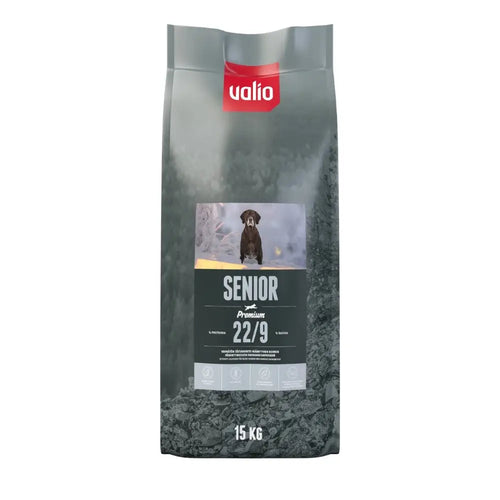 15kg valio senior premium 22/9 koiranruokapussi hopeanharmaana mustavalkoisella etiketillä ja ruskean koiran kuvalla