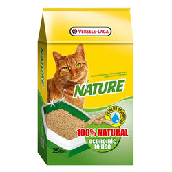 Pakkaus 15kg versele-laga kissanhiekka nature puupelletti keltaisella ja vihreällä värillä sekä oranssin tiikerikissan kuvalla
