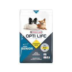 Valkoinen ja sininen versele-laga opti life mini senior kana-riisi koiranruokapussi 2,5 kg painoisena