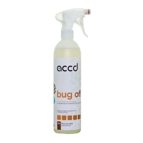 Clear muovinen suihkepullo valkoisella liipaisimella ja accd bug off -etiketillä tehokkaaseen hyönteisten poistoaineeseen 750ml
