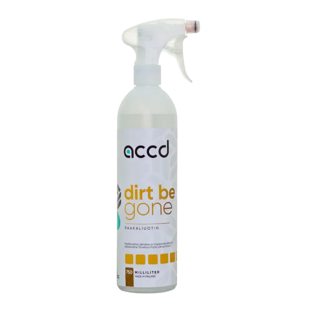 Selkeä muovinen suihkepullo valkoisella suihkeventtiilillä ja accd dirt be gone hiilivetypohjainen raakaliuotin 750ml tuotteella