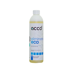 A clear plastic bottle with white cap containing 750 ml pale yellow accd eliminate eco efficace microemulsion