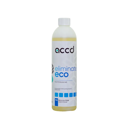 A clear plastic bottle with white cap containing 750 ml pale yellow accd eliminate eco efficace microemulsion