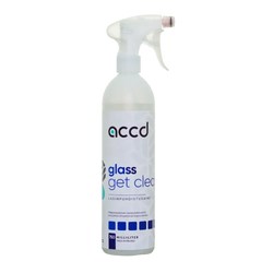 A clear plastic spray bottle with a white trigger nozzle labeled accd glass get clean for cleaning glass surfaces 750ml