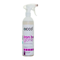 A white spray bottle labeled accd Iron Be Gone Raudanpoistoaine 750ml for removing iron deposits