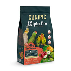 Tummanvihreä cunipic alpha pro complete linturuoka keskikokoisille linnuille värikkäin papukaijakuvin ja hedelmäkuvituksin