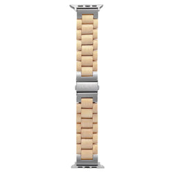 Puinen vaalea beige apple watch ultra ranneke hopeanvärisillä metallisilla liittimillä minimalistisella muotoilulla