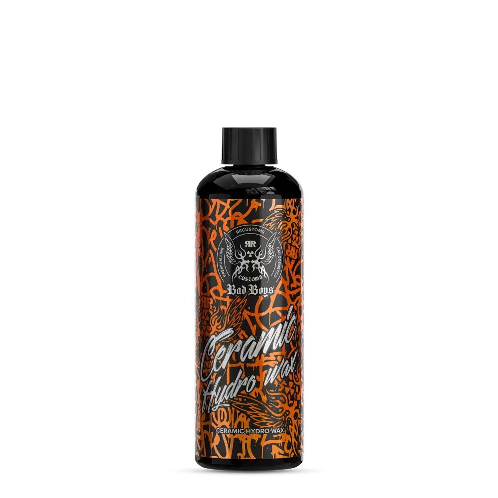 Black bottle of BadBoys ceramic hydro wax 500ml with orange and black graffiti style label