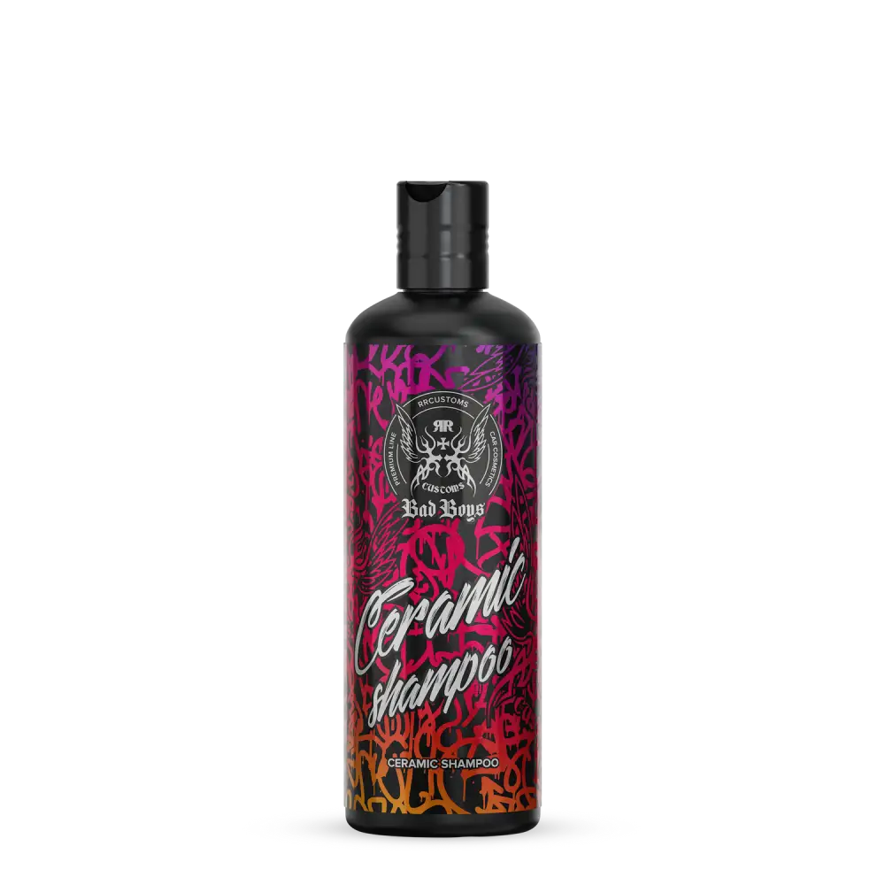 Musta pullo badboys ceramic shampoo 500ml elävässä violettiin ja punaiseen graffitityyliin etiketillä