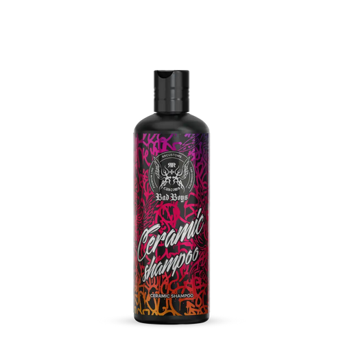 Musta pullo badboys ceramic shampoo 500ml elävässä violettiin ja punaiseen graffitityyliin etiketillä