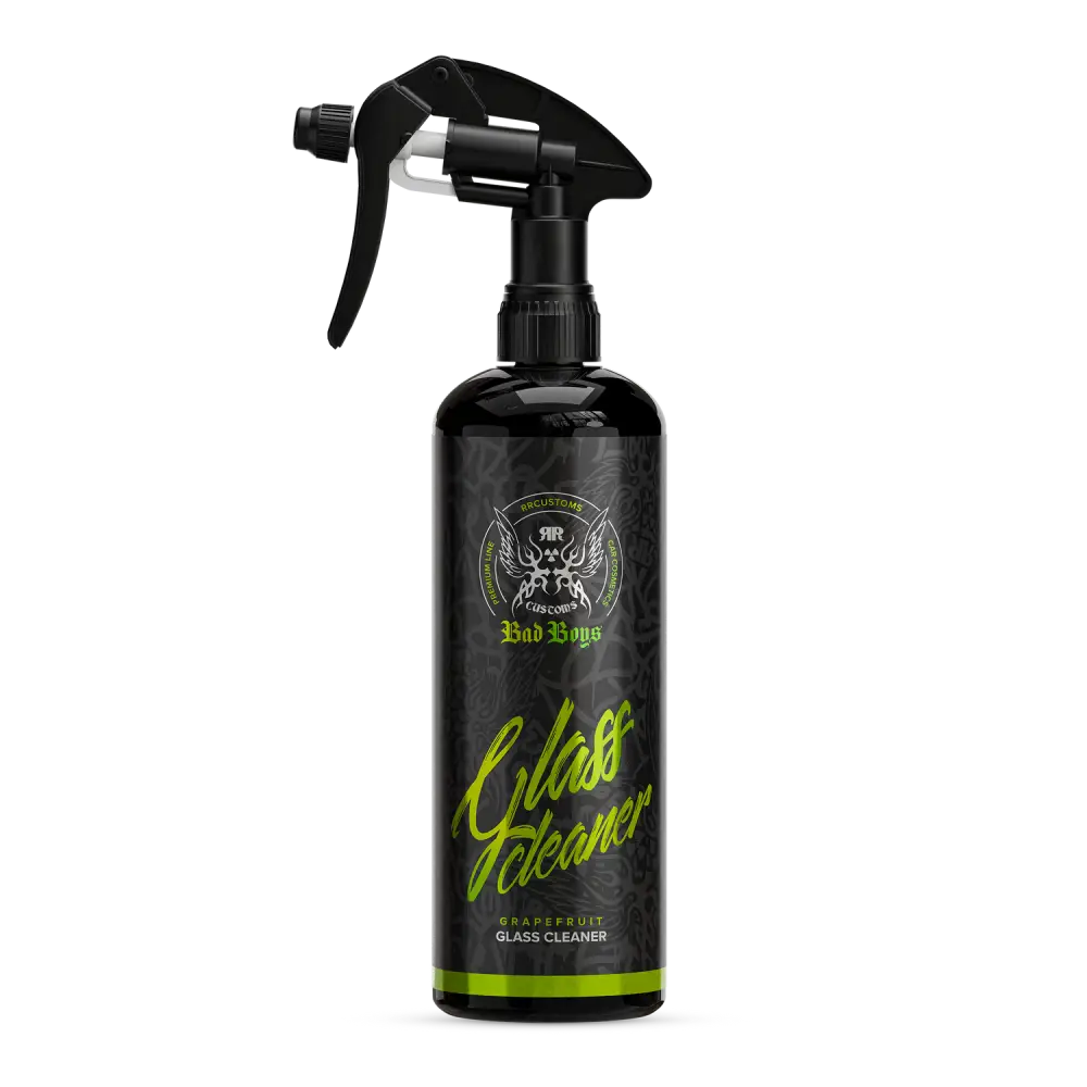 Black spray bottle with neon green ar customs bad boys branding labeled badboys glass cleaner 500ml for glass cleaning