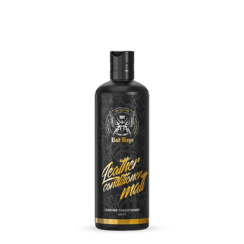 Musta mattapintainen bad boys nahkahoitoaine kultaisin kirjaimin ja mustalla kannella 500ml purkissa