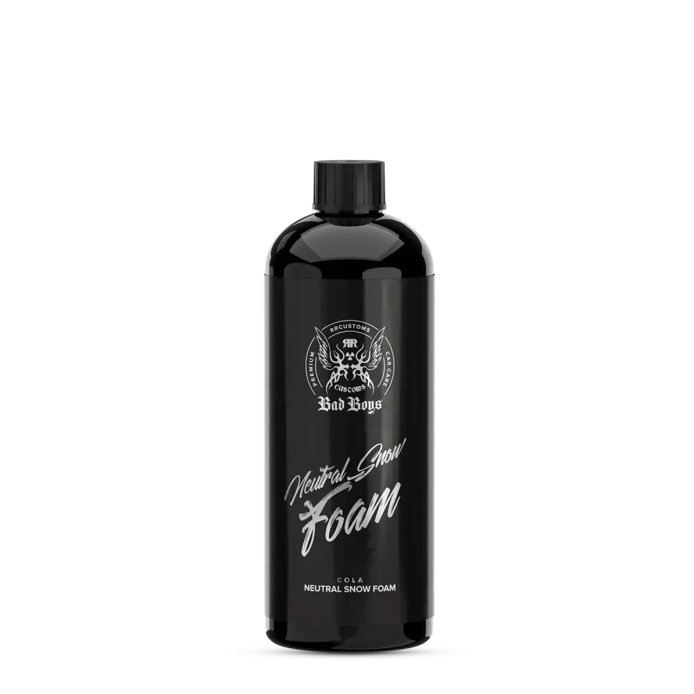 Black plastic bottle of bad boys neutral snow foam 1l with glossy finish and silver foil label with white cursive text