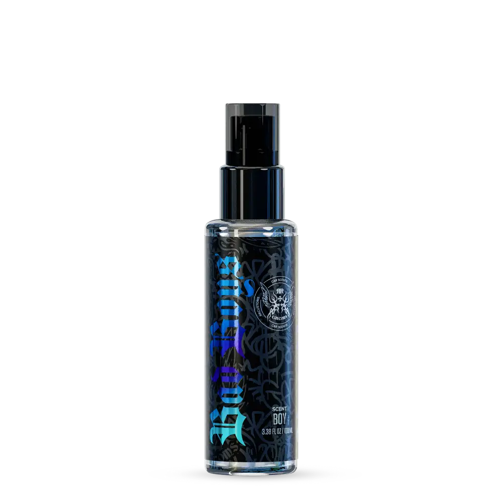 A sleek transparent spray bottle with a black pump and vibrant blue graffiti-style lettering labeled badboys scent boy 100ml