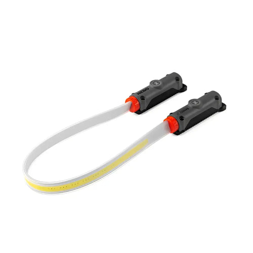 Bando 1k strap light työvalo harmaalla ja oranssilla led-valonauhalla, joustava valkoinen läpikuultava runko keltaisilla ledeillä