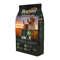 Black and green booster basic dog food bag featuring a beagle against a sunset field background