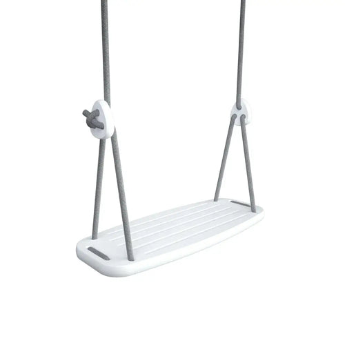 White plastic toddler swing classic birch grey with gray rope straps and white hardware for outdoor use