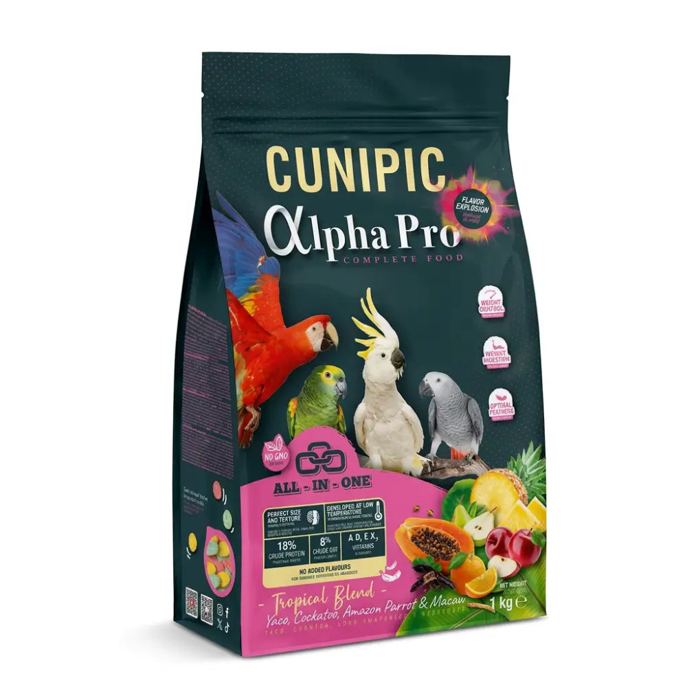 Dark green and pink bag of cunipic alpha pro tropical parrots food with colorful parrot illustrations for papukaijat