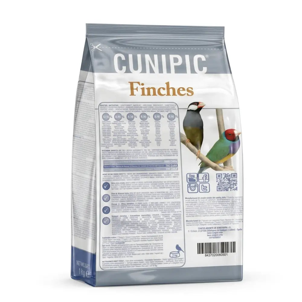 Cunipic premium finches 1 kg resealable bag with silver and white packaging featuring colorful finch images