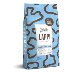 Light blue and brown patterned bag of dagsmark lappi viljaton kana-peruna dog food 10 kg