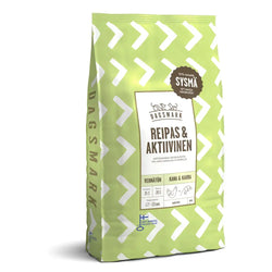Light green and white patterned dagsmark reipas ja aktivinen dog food bag with chicken and duck ingredients in a 10 kg packaging
