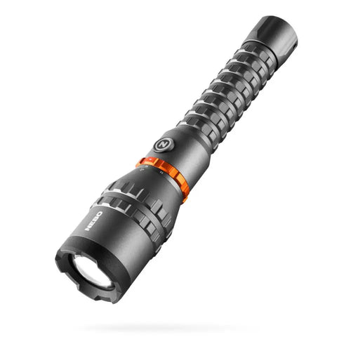 Black and orange nebo tactical flashlight davinci 8000 with textured grip and rugged design for outdoor use