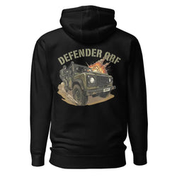 Musta defender qrf huppari yksityiskohtaisella oliivinvihreällä land rover defender -kuvalla ja sotilailla