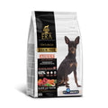 A sleek black and silver bag of era centurion grain-free small breed adult dog food with a black and tan miniature pinscher portrait