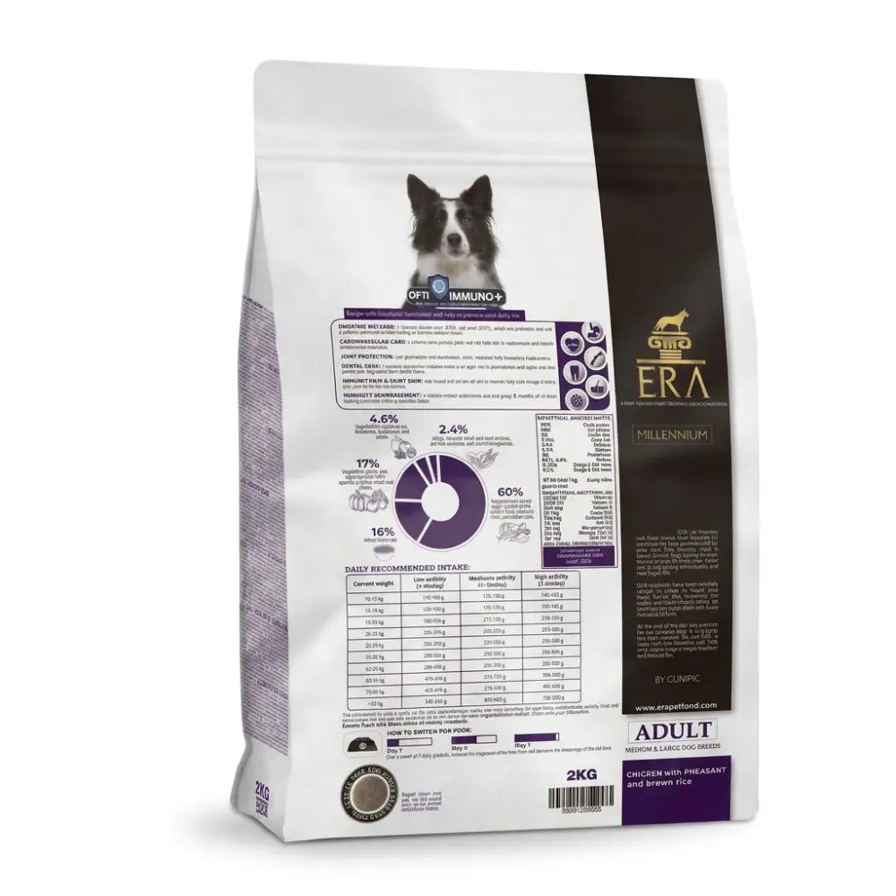 White and dark brown era millennium adult dog food bag with border collie image for chicken and pheasant 12kg