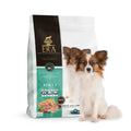 A 2 kg bag of Era Millennium adult dog food for small breeds with duck and lamb brown rice formula in white and teal packaging