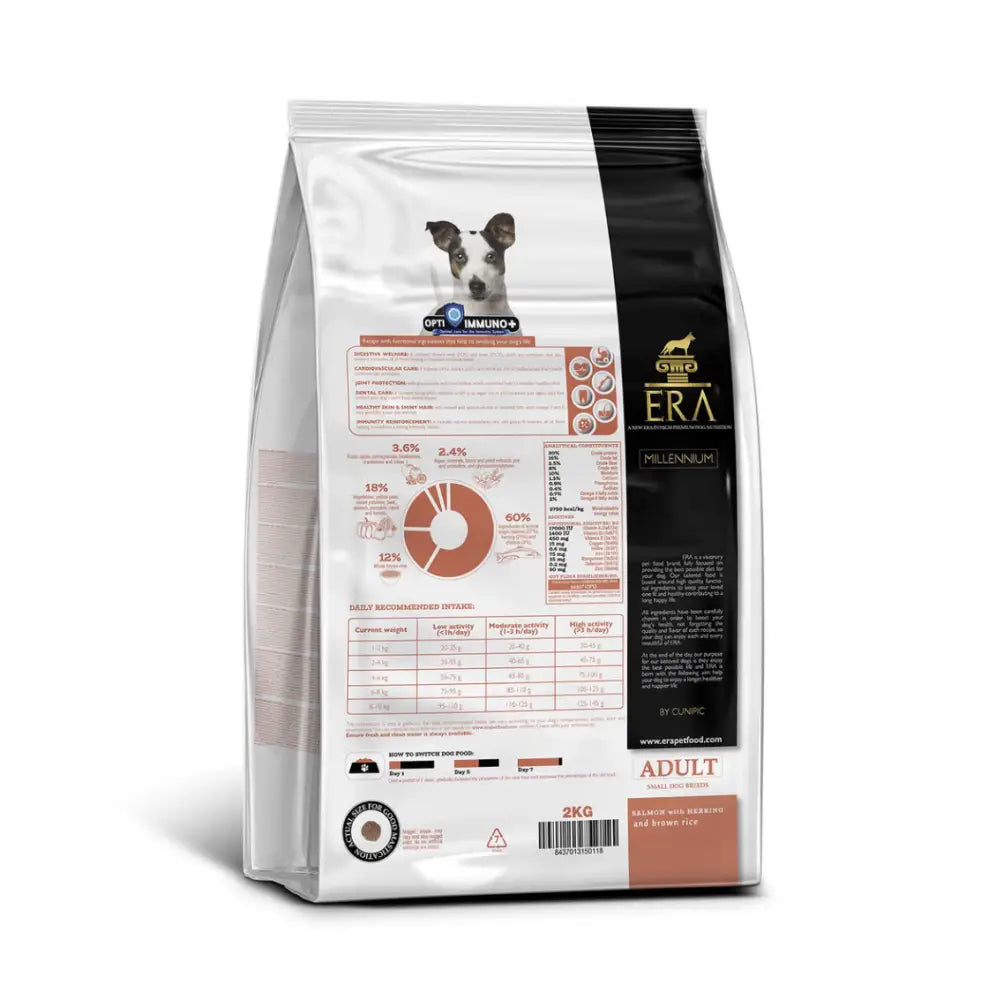 A 2kg bag of era millennium adult dog food in shiny silver and black packaging with orange accents for adult dogs