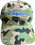 Eräjorma camo baseball-lippis vihreällä, mustalla ja beige maastokuvioilla sinisellä eräjorma-logolla