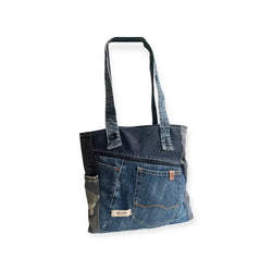 Denim farksukassi veera patchwork-mallilla sinisenä farkkuina mustilla yksityiskohdilla ja maastokuvioiduilla sivutaskuilla