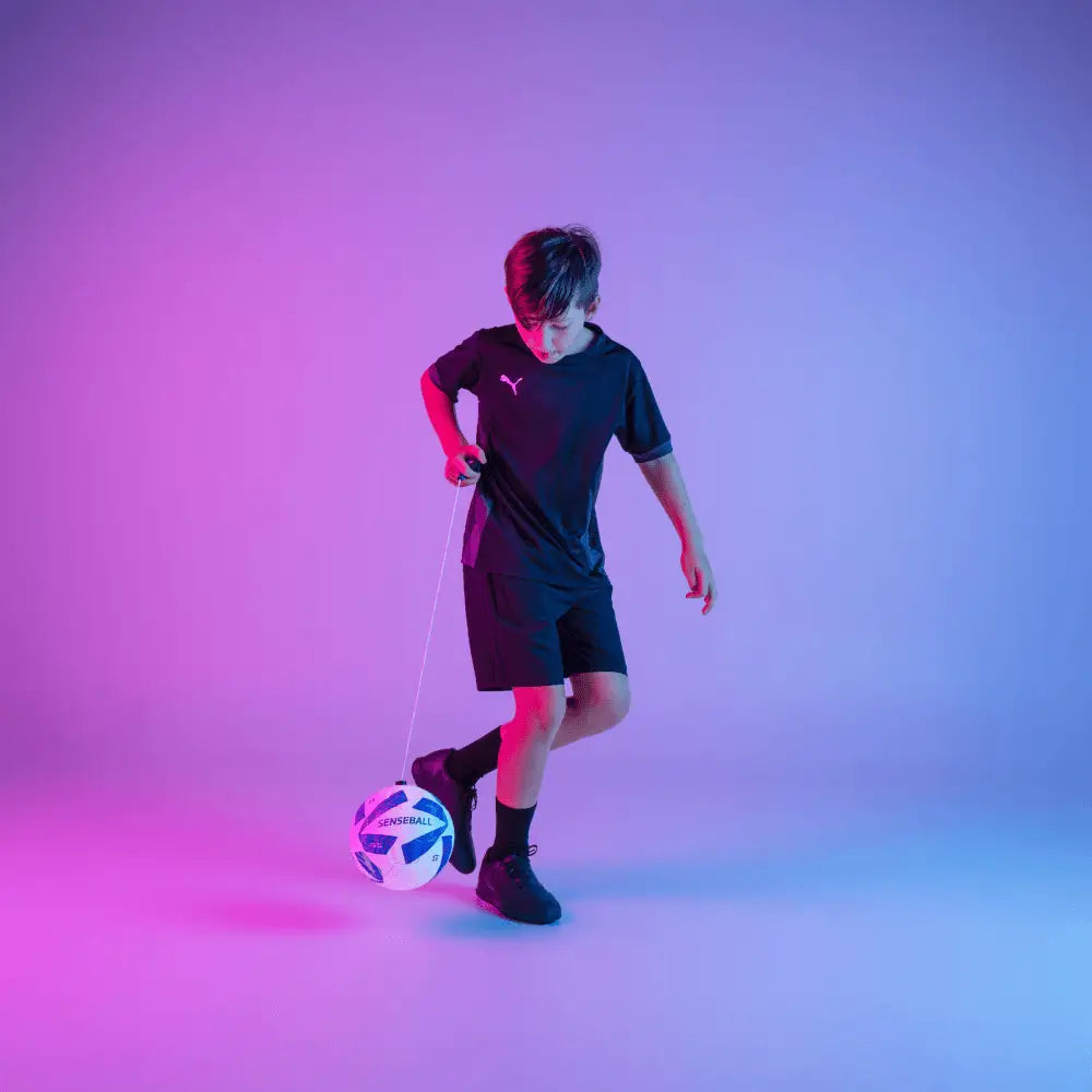 White and blue senseball size 3 football kick trainer with black paneling for all-level soccer training